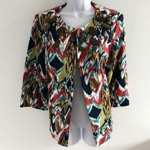 Joan Rivers Cotton Embellished Ikat Print Jacket 3/4 Sleeves Boho Wood Accent